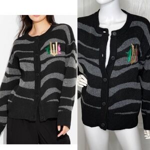 Paul Tazewell Wicked Sz M Black/Grey Stripe Button Cardigan embroidered Graphic
